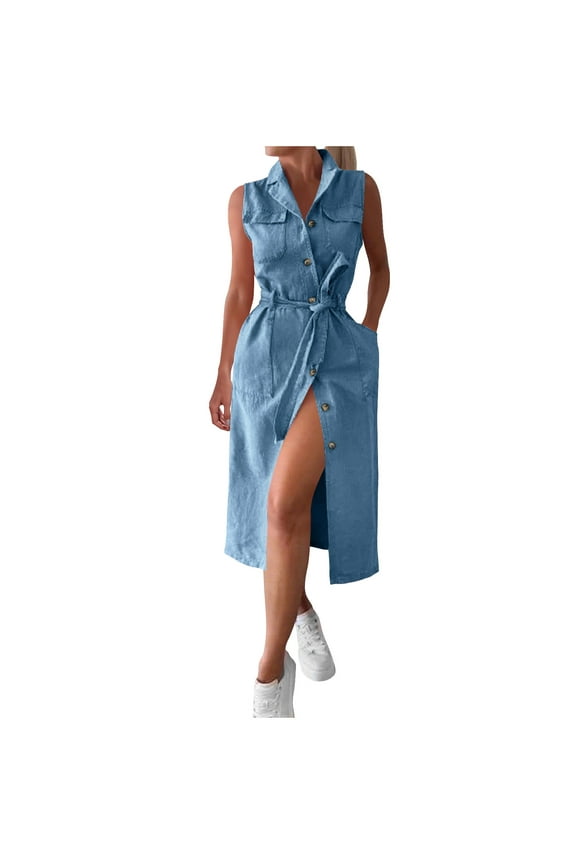 Denim Dress for Women Sleeveless Button Down Belted Jean Shirt Dress Casual Summer Split Front Midi Dresses