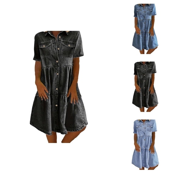 Denim Dress for Women Spring Summer Short Sleeve Button Down Collared Midi Dresses Jean Dress Casual Work Dresses