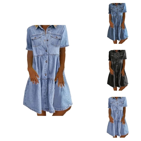 Denim Dress for Women Spring Summer Short Sleeve Button Down Collared Midi Dresses Jean Dress Casual Work Dresses