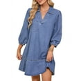 thumbnail image 1 of Mawalde Denim Dress for Women Summer Casual Babydoll 2025 V Neck 3/4 Puff Sleeve Jean Dresses Sea Blue L, 1 of 10