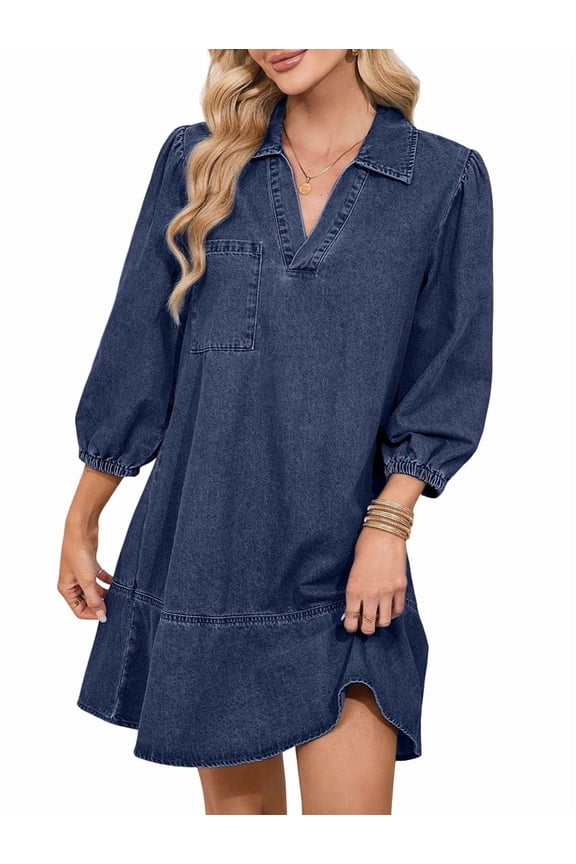 Denim Dress for Women Summer Casual Babydoll V Neck 3/4 Puff Sleeve Jean Dresses Dark Blue M