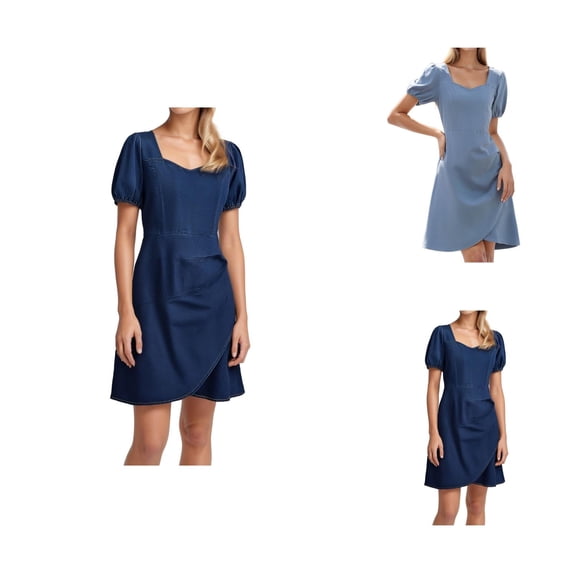 Denim Dress for Women Summer Short Puff Sleeve Sweetheart Neck Zip Back Irregular Hem A Line Mini Jean Dress