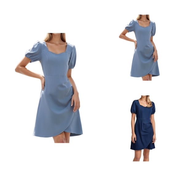 Denim Dress for Women Summer Short Puff Sleeve Sweetheart Neck Zip Back Irregular Hem A Line Mini Jean Dress