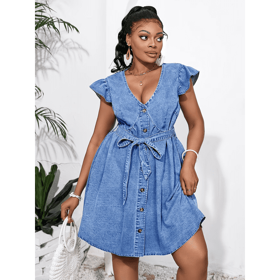 Denim Dress for Women V Neck Flutter Sleeve Tie Waist A-Line Midi Jean Dress Lightweight Summer Casual Vacation Sundress