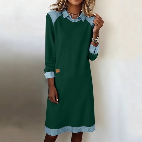 Denim Dress for Women,Womens Casual Denim Patchwork Dress Solid Color Lapel Collar Long Sleeve Pullover Cuff Hem Soft Daily Fashion Outfit Green S