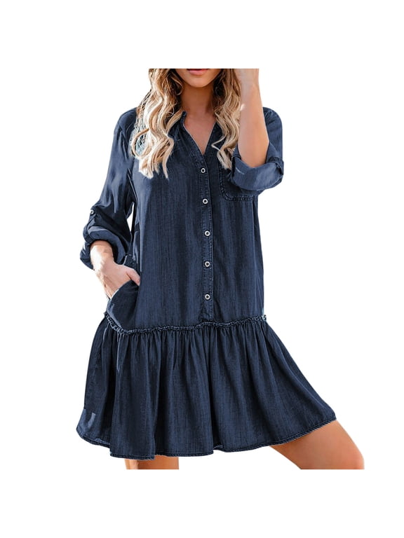 Denim Dresses for Women UK Roll Up Long Sleeve Jean Dress Button Down V Neck Mini Skater Dress Pleated Flared A Line Swing Dress with Pockets Size 8-18