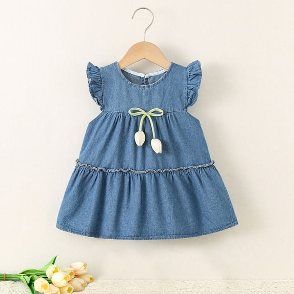Denim Dresses for Girls Cute Ruffle Sleeveless 6M-3Y Toddlers Kids Trendy Layered Peplum Solid Color Crewneck Loose Pullover Babydoll Dress