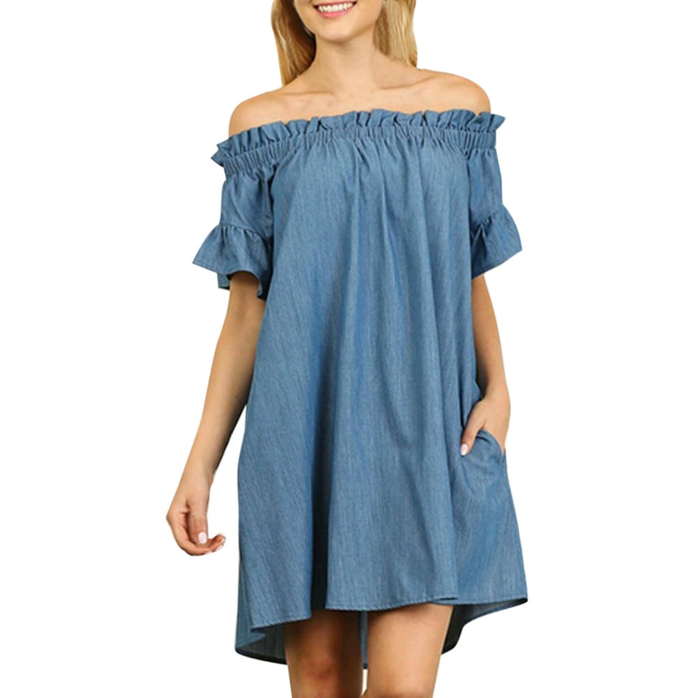 Plus size off clearance the shoulder denim dress