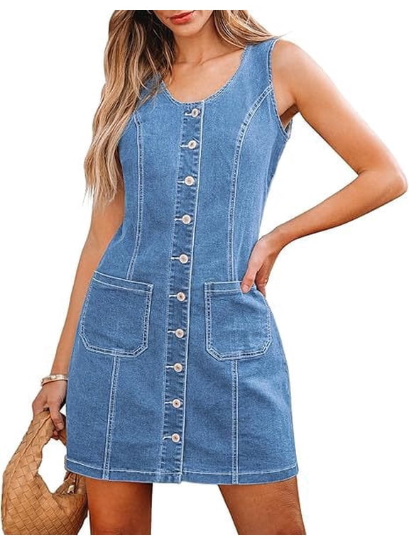 Denim Dresses for Women Sleeveless Stretchy Casual Jean Dress V Neck Summer Western Short Button Down Dress with Patch Pocket