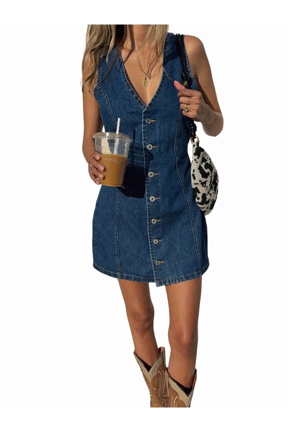 Denim Dresses for Women Sleeveless Stretchy Jean Summer Casual Western Short Button Down Dress L