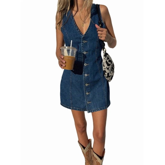 Denim Dresses for Women Sleeveless Stretchy Jean Summer Casual Western Short Button Down Dress XL
