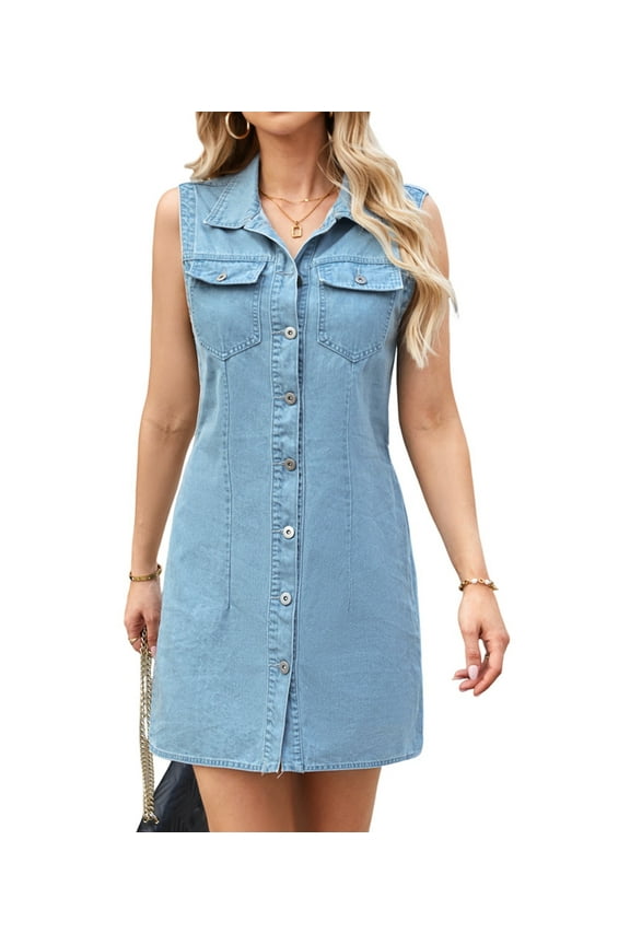 Denim Dresses for Women Sleeveless Stretchy Jean Summer Casual Western Short Button Down Dress with Patch Pocket Blue L