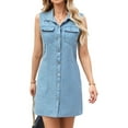 thumbnail image 1 of Denim Dresses for Women Sleeveless Stretchy Jean Summer Casual Western Short Button Down Dress with Patch Pocket Blue S, 1 of 9