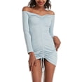 thumbnail image 1 of Denim Dresses for Women Women off Shoulder Mini Dress - Long Sleeve Ruched Front Drawstring Bodycon Dress Light Blue L, 1 of 8