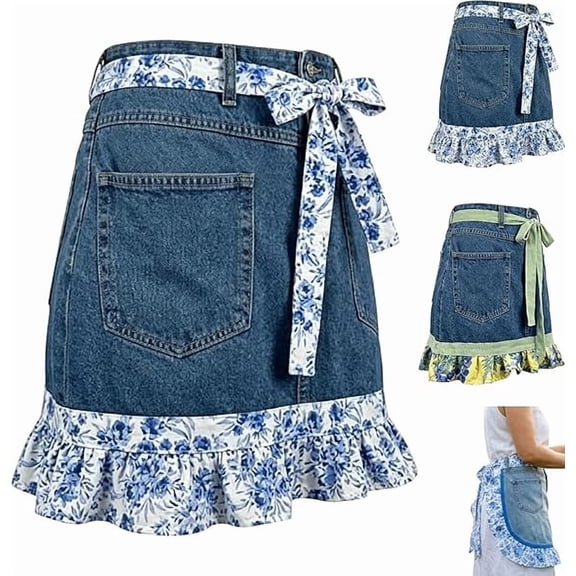 Denim Echo Ruffle Apron, Adjustable Floral Jean Apron, Detachable Ruffle Hem for Farmhouse Kitchen Garden(Q)