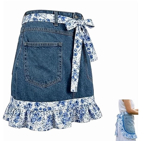 Denim Echo Ruffle Apron  Adjustable Floral Jean Apron with Detachable Ruffle Hem, Farmhouse Style for Kitchen & Garden(RL A 1 PC)