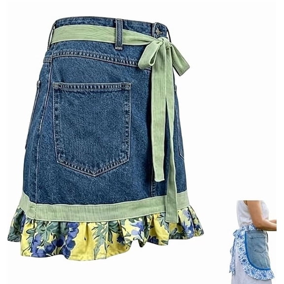 Denim Echo Ruffle Apron  Adjustable Floral Jean Apron with Detachable Ruffle Hem, Farmhouse Style for Kitchen & Garden(RL B 1 PC)