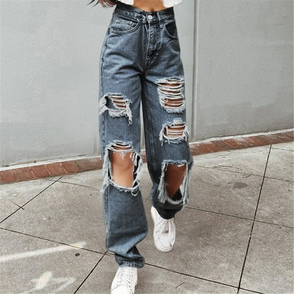 Denim Elastic Waist Trousers Button Jeans Hole High Pants Pocket Loose Women Pants Jean Pants for Women plus Slim Fit Pants Women Olive Clothes for Women 18 plus High Waist M1 Denim Boyfriend Corduroy