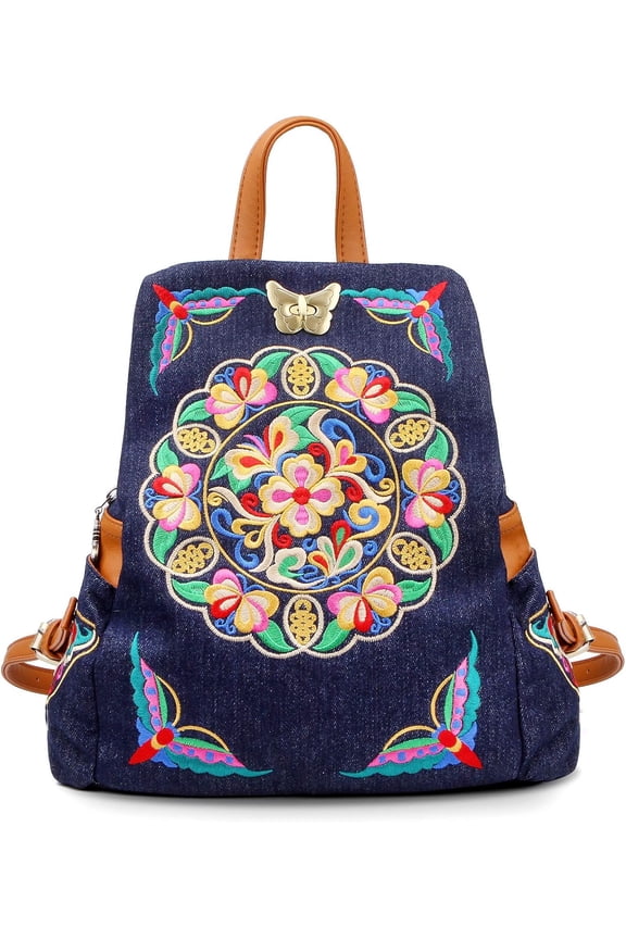 Denim Embroidered Floral Canvas Backpacks for Women Anti theft Retro Jeans Travel Ethnic Style Shoulder Bag one-size