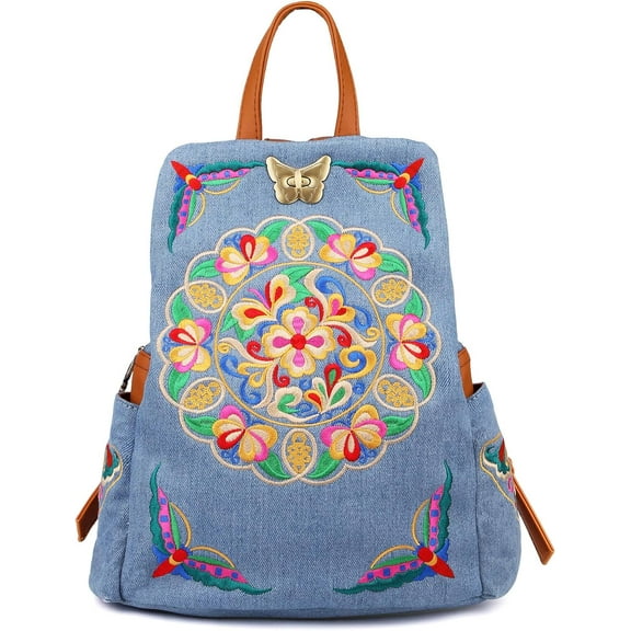 Denim Embroidered Floral Canvas Backpacks for Women Anti theft Retro Jeans Travel Ethnic Style Shoulder Bag one-size