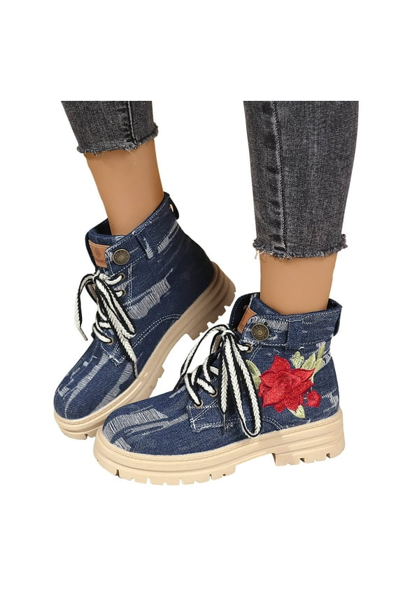 Denim Embroideried Chunky Combat Boots for Women Retro Fall Flower Casual Lace up Fashion Sneakers Ankle Booties Blue Size 8