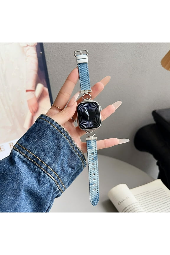 Denim Fabric Cloth Bands for Apple Watch 42(Series 1/2/3)/44/45/46/49mm, Heart Metal Design Canvas Strap with PU Leather, Metal Buckle for iWatch Series 10/9/8/7/6/5/4/3/2/1/SE/Ultra, Skyblue