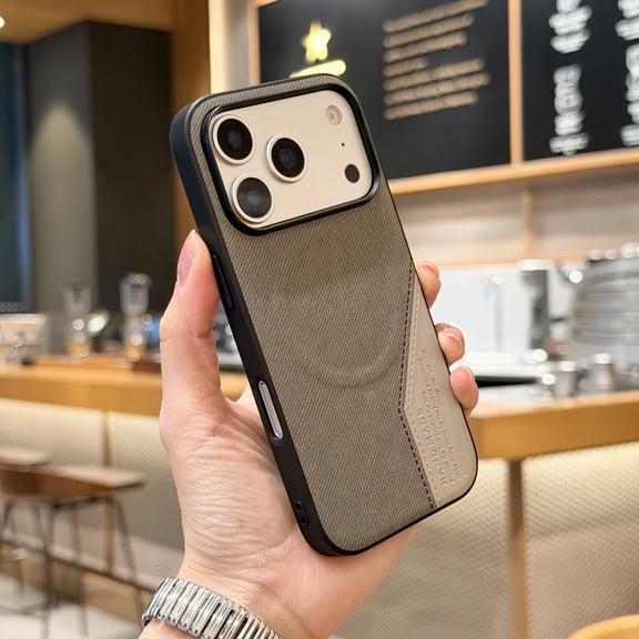 Denim Fabric Patchwork Faux Leather Case for iPhone 13 Pro Compatible with MagSafe, Design for Men Women Thin Slim Anti-Slip Protective Phone Case Luxury Unique Designer Style, Gray