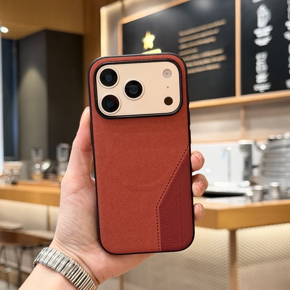 Denim Fabric Patchwork Faux Leather Case for iPhone 14 Plus Compatible with MagSafe, Design for Men Women Thin Slim Anti-Slip Protective Phone Case Luxury Unique Designer Style, Redbrown