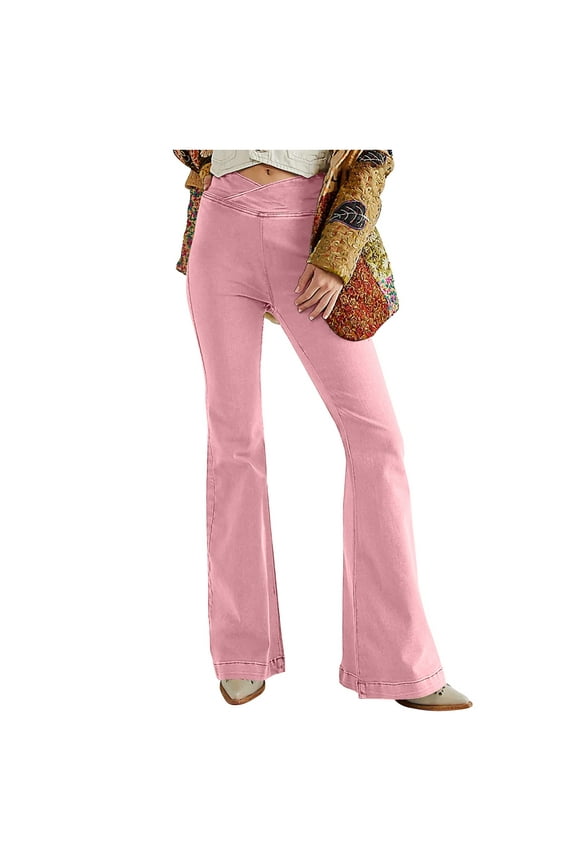Denim Flared Pants for Women Crossover High Waisted Stretch Slim Fitted Bell Bottom Jeans Solid Retro Trousers (Medium, Pink)