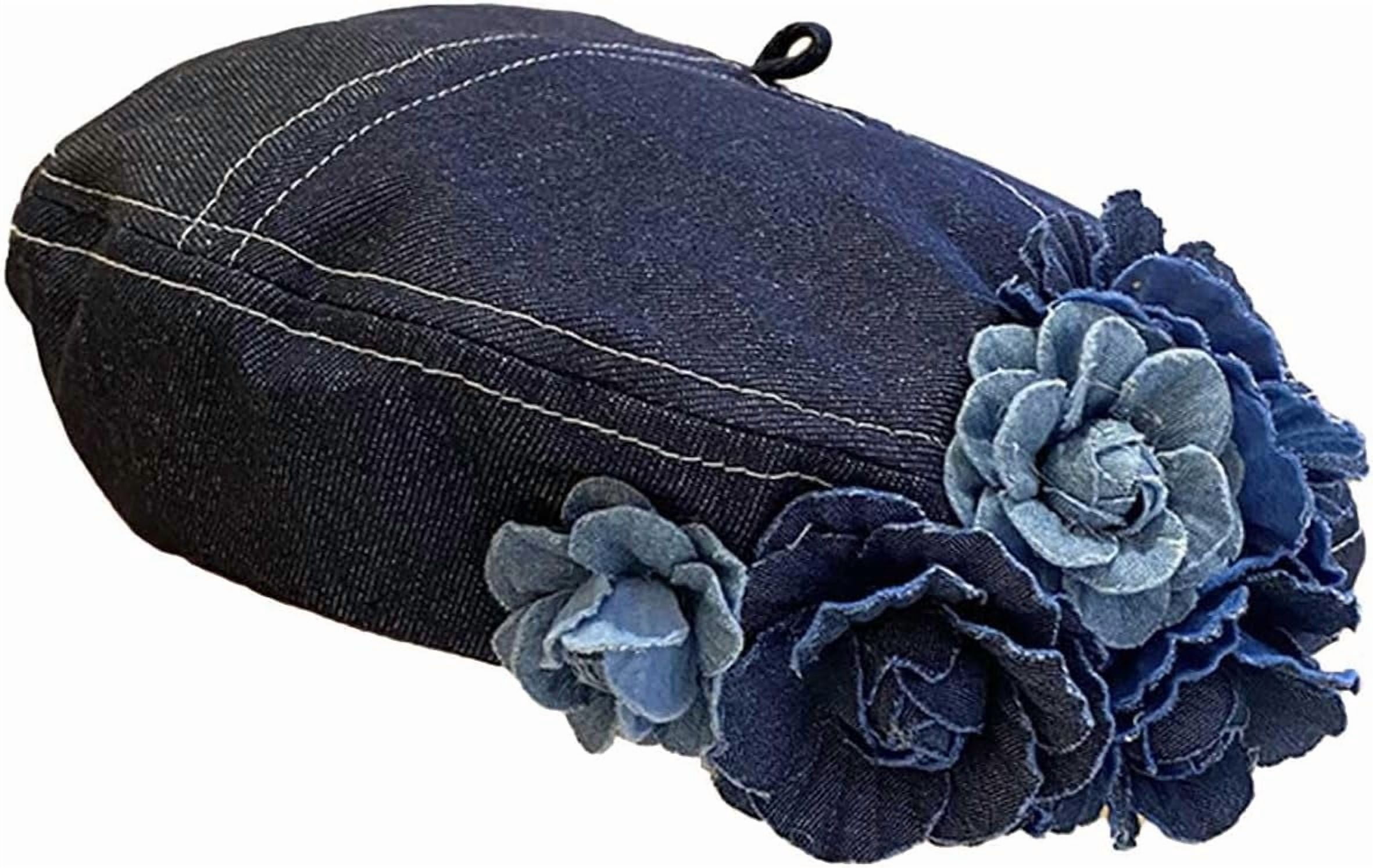 Denim Flower Beret Hat Painter Hat for Women French Hat Artist Hat Casual Sun Hat with Adjustable Strap