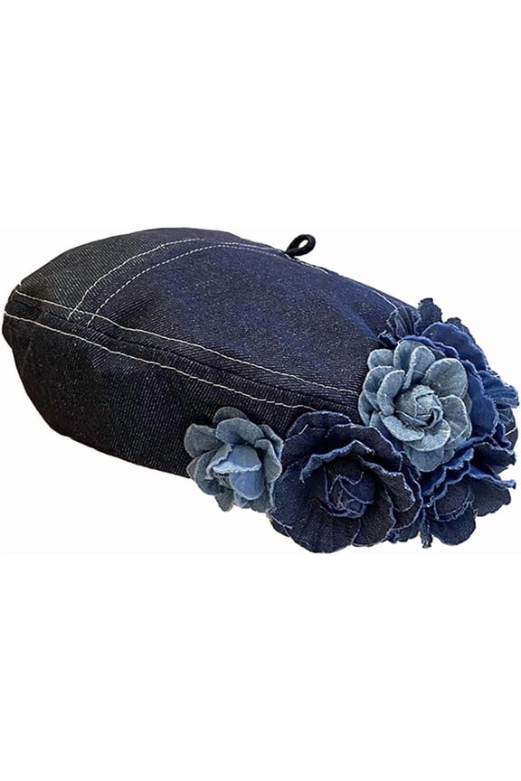 Denim Flower Beret Hat Painter Hat for Women French Hat Artist Hat Casual Sun Hat with Adjustable Strap
