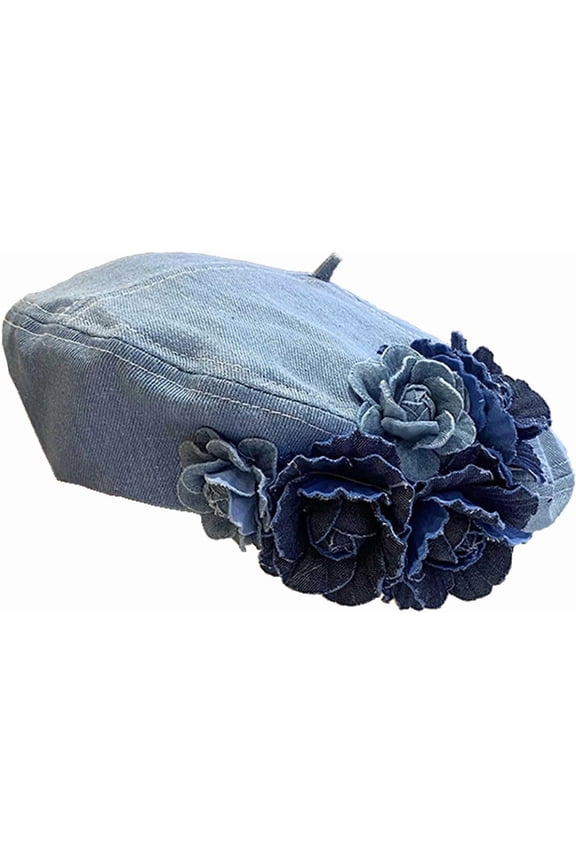 Denim Flower Beret Hat Painter Hat for Women French Hat Artist Hat Casual Sun Hat with Adjustable Strap
