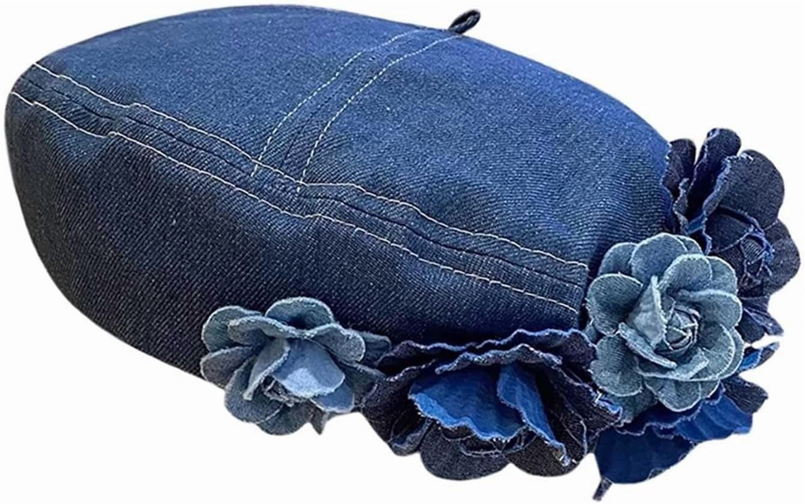 Denim Flower Beret Hat Painter Hat for Women French Hat Artist Hat Casual Sun Hat with Adjustable Strap