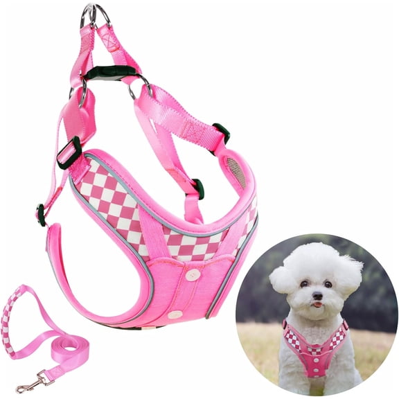 Denim French Bulldog Harness with Leash Set, with Breathable Padded Puppy Harness for Small Dogs Training and Walking (XS Pink)