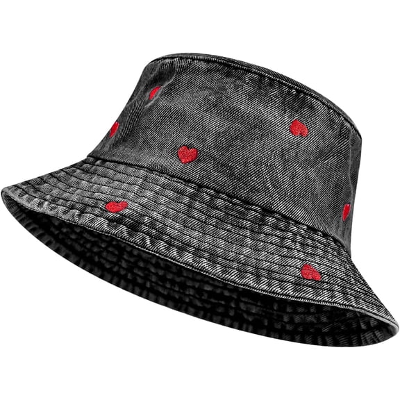 Denim Heart Bucket Hats, Packable Beach Jean Hat Cotton Summer Lightweight Wide Brim Cap, Outdoor Fishermen Hat