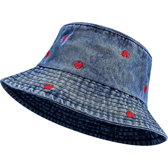 Denim Heart Bucket Hats, Packable Beach Jean Hat Cotton Summer Lightweight Wide Brim Cap, Outdoor Fishermen Hat