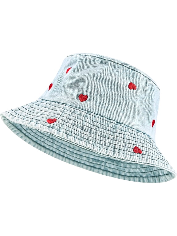 Denim Heart Bucket Hats, Packable Beach Jean Hat Cotton Summer Lightweight Wide Brim Cap, Outdoor Fishermen Hat