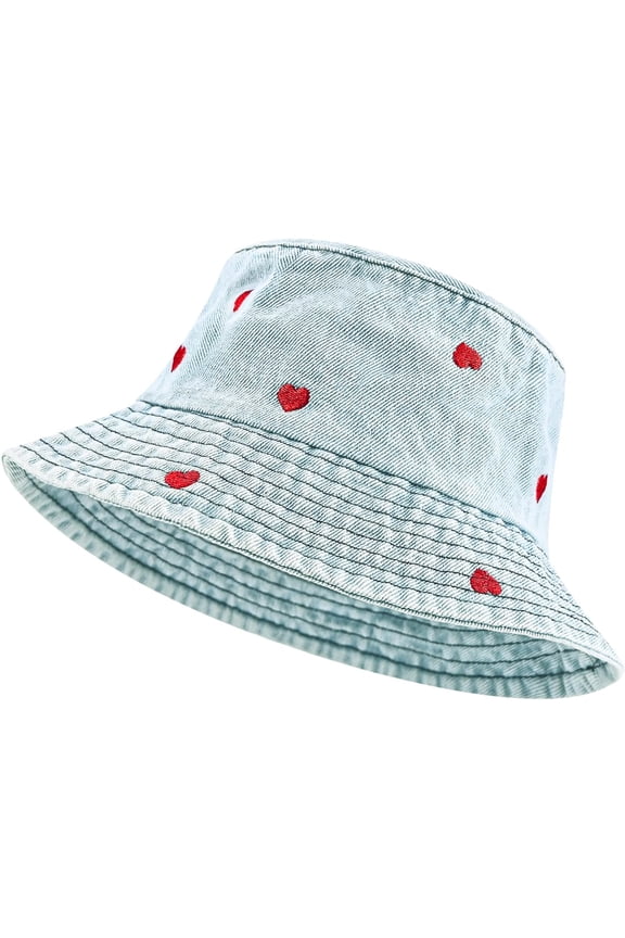 Denim Heart Bucket Hats, Packable Beach Jean Hat Cotton Summer Lightweight Wide Brim Cap, Outdoor Fishermen Hat