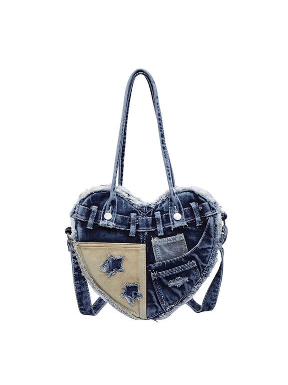 Denim Heart Crossbody Bag for Women, Trendy Street Fashion Underarm Bag - Stylish Niche Handheld Bag with Zipper Closure, Casual Daily Matching Patchwork Denim Shoulder Bag