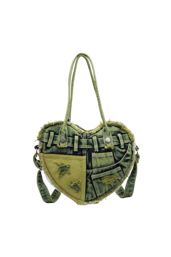 Denim Heart Crossbody Bag for Women, Trendy Street Fashion Underarm Bag - Stylish Niche Handheld Bag with Zipper Closure, Casual Daily Matching Patchwork Denim Shoulder Bag