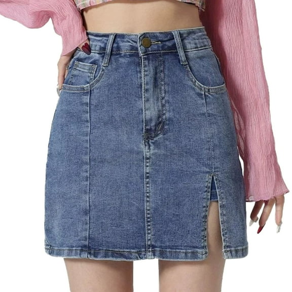 Denim High Waisted A Line Skirt with Slit Skin Friendly, Breathable, Elastic Waist Multiple Sizes