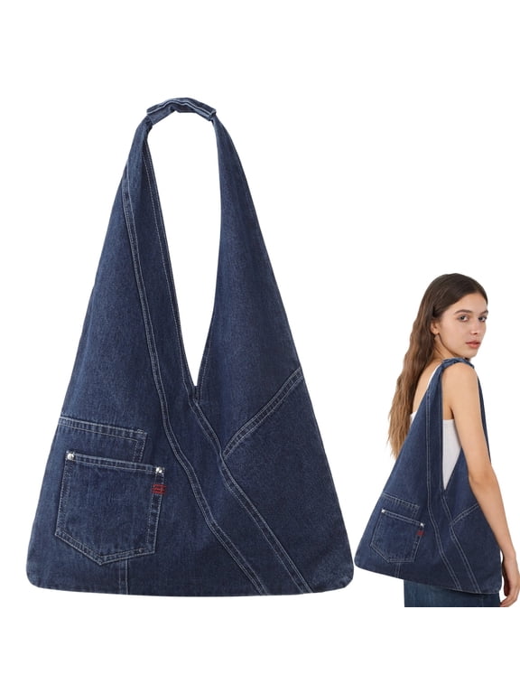 Denim Hobo Bag for Women, Large Jean Shoulder Tote with Soft Slouchy Shape, Casual Everyday Denim Purse with Front Pocket for Work Shopping Travel Daily Carry