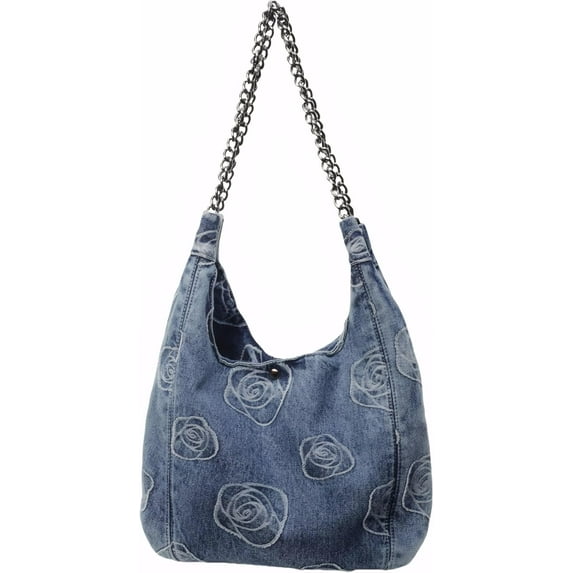 Denim Hobo Tote Bag for Women,Jean Casual Shoulder Purse with Floral Pattern、Chain Strap, Blue