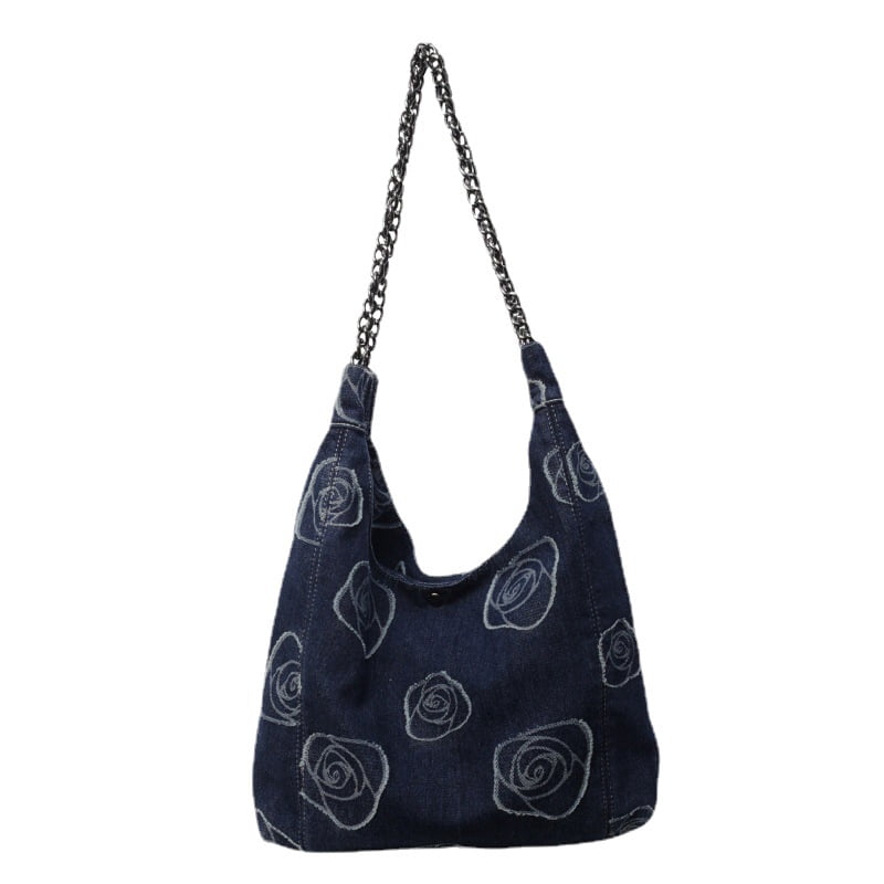 Denim Hobo Tote Bag for Women，Jean Casual Shoulder Purse with Floral Pattern、Chain Strap, Blue