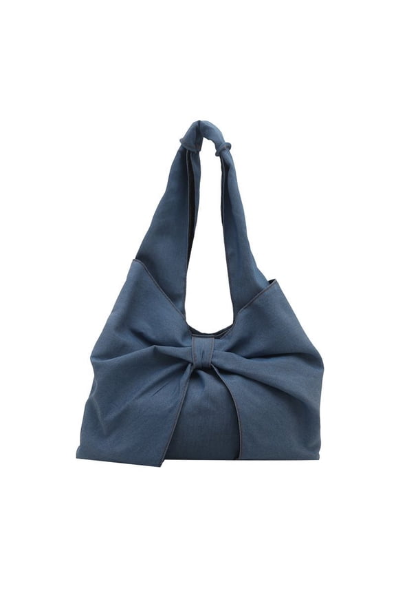Denim Hollow Weave Bow Shoulder Handheld Crossbody Bag Polyester Mini Commute Tote Bag Niche Fashion Elegant Bag in Navy Blue for Daily Outfits