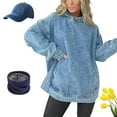thumbnail image 1 of Denim Hooded Sweatshirt for Women with Front Pockets,Casual Vintage Pullover Jean Hoodie Breathable,Cozy Day Wear, 1 of 6