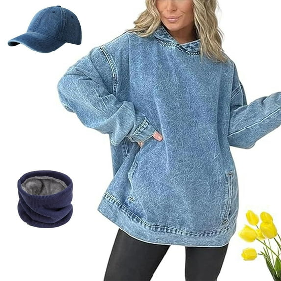 Denim Hooded Sweatshirt for Women with Front Pockets,Casual Vintage Pullover Jean Hoodie Breathable,Cozy Day Wear