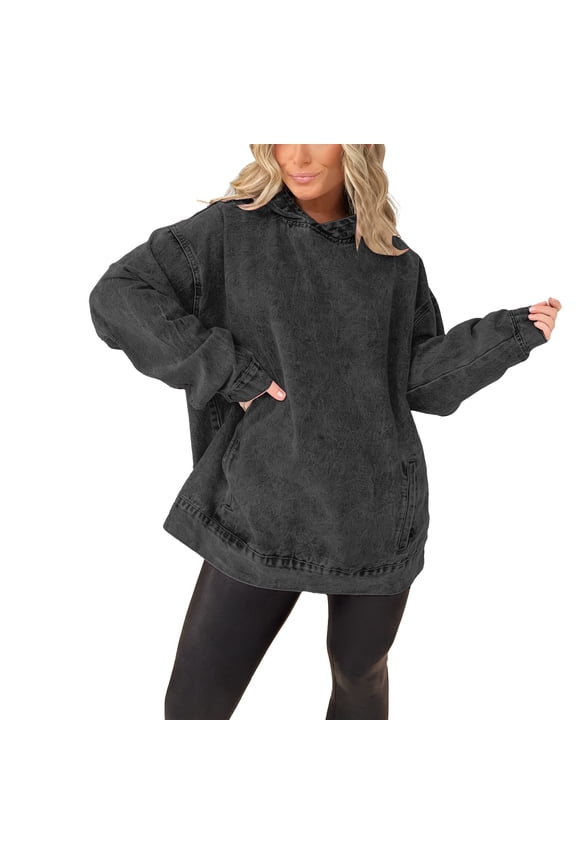 Denim Hoodie, Yigetop Ladies' Long Sleeve Pullover Sweatshirts Versatile Loose Hooded Pullover Denim Sweatshirt Jean Hoodie Women, Black L