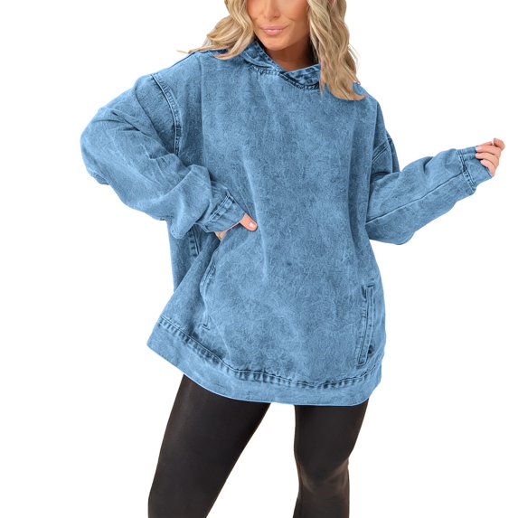 Denim Hoodie, Yigetop Ladies' Long Sleeve Pullover Sweatshirts Versatile Loose Hooded Pullover Denim Sweatshirt Jean Hoodie Women, Light Blue 2XL