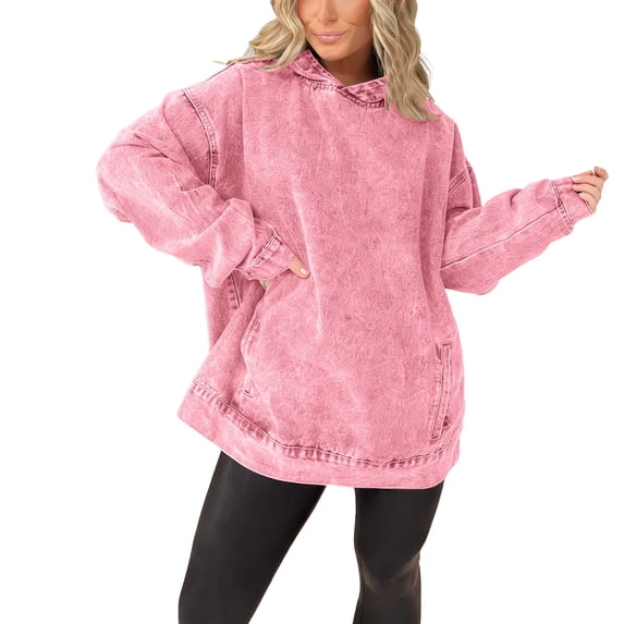 Denim Hoodie, Yigetop Ladies' Long Sleeve Pullover Sweatshirts Versatile Loose Hooded Pullover Denim Sweatshirt Jean Hoodie Women, Pink M